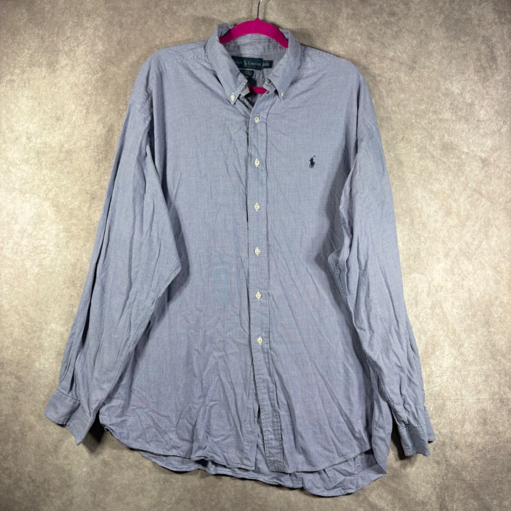 Ralph Lauren Button Down Shirt Men XXL Blue Blake Houndstooth Long Sleeve Cotton